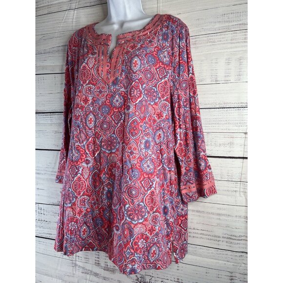 Talbots NEW Tunic Blouse PINK Geometric Long Bell Sleeve Sz XL Light Peasant - Picture 4 of 13